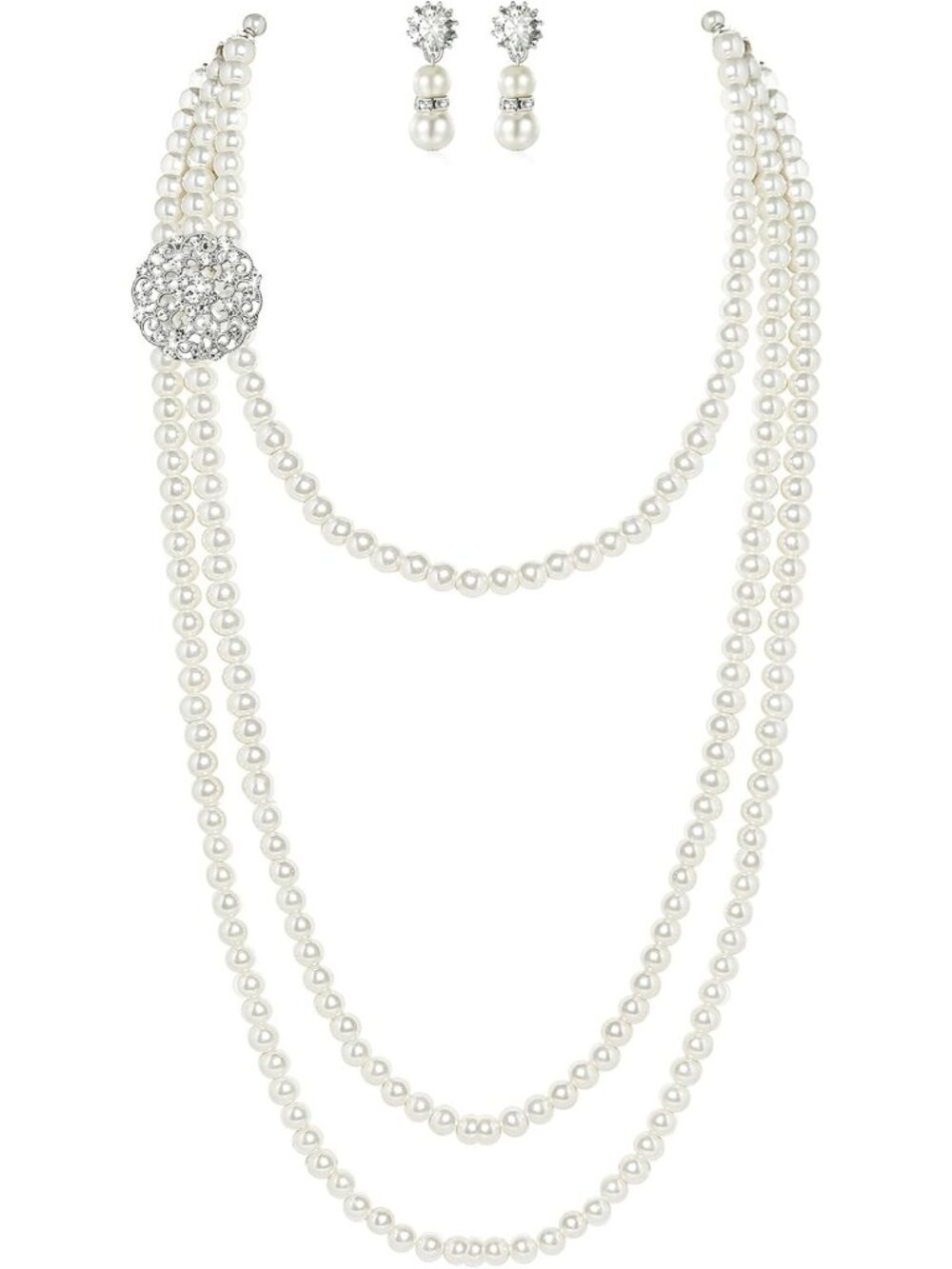 Elegant 1920s-Inspired Long Pearl Necklace & Earrings Set with Brooch - Gatsby
